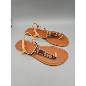 Maurices Brown Beaded Comfort Sandals Womens T-Strap Flat Shoes size 10